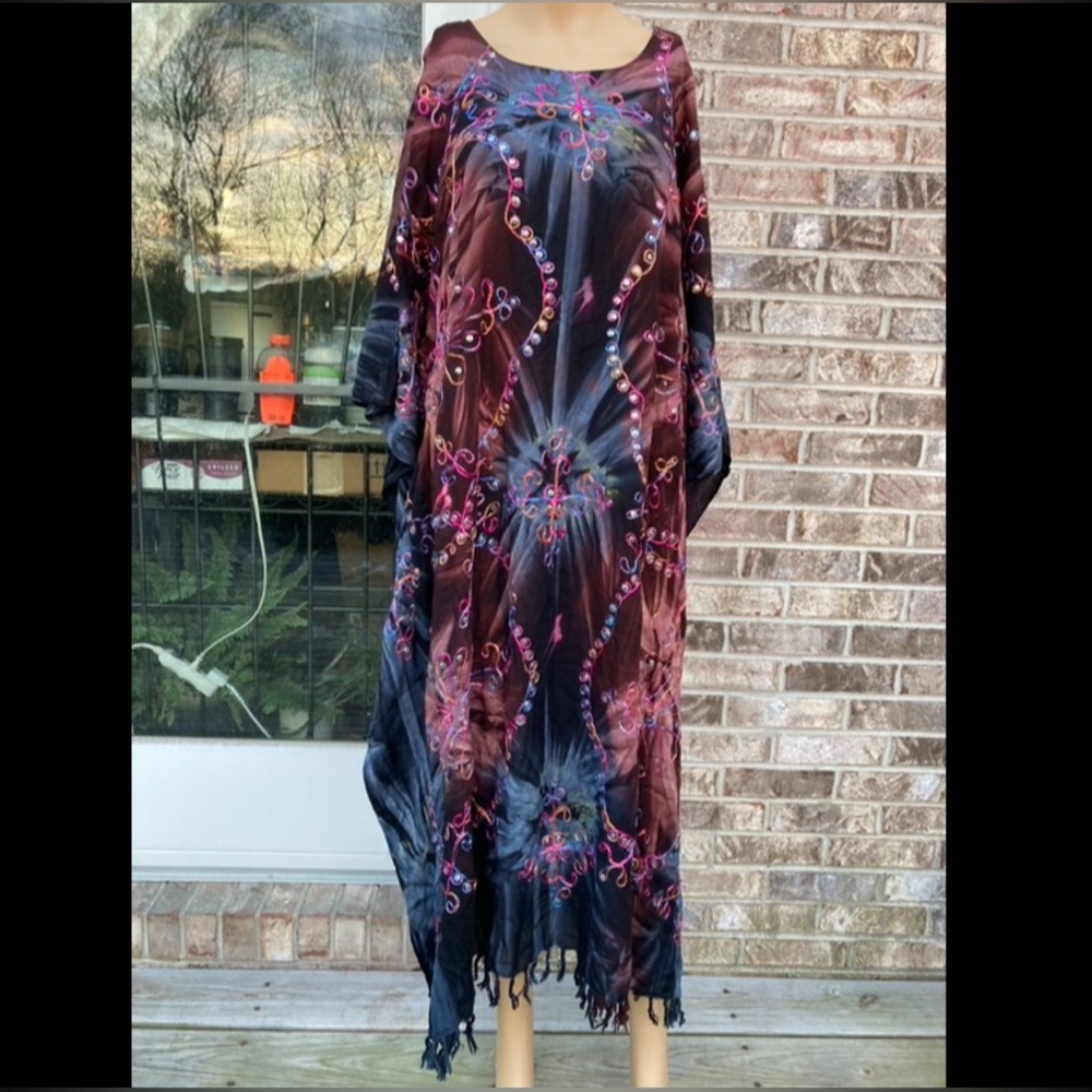 Boho Embroidered Water Color Fringe Caftan Dress